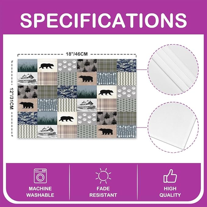 Feelyou Bear Table Place Mats 18"x12" Wild Animal Placemats Set of 4 Ultra Soft Striped Boho Placemat for Kitchen Dining Table Rustic Cabin Country Indoor Outdoor Decor Table Mats Farmhouse Camper - Image 4
