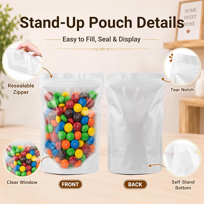 ANZNKU 100PCS Mylar Bags Resealable Small Smell Proof Bags(White, 5.9x8.6) | Stand Up Foil Pouches Clear Window, Sealable Bags for Small Business Packaging Snack Party Favors Candy Treats Food Storage - Image 4