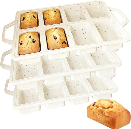 3PCS Silicone Mini Loaf Pans with Metal Reinforced Frame, Mini Loaf Pan 8 Cavity, Nonstick Small Bread Pans for Baking, Tiny Meatloaf Pan with Metal Frame for Baker New Beginers (3, Cream)