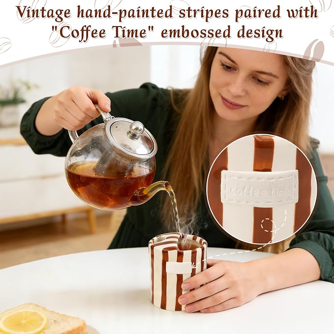 Ceramic Coffee Mug with Sip Hole 10oz Cute Espresso Cup | Unique Hand-Drawn Brown and White Striped Design, Microwave and Dishwasher Safe, for Kitchen Dining, Office, Holiday Gift - Image 2