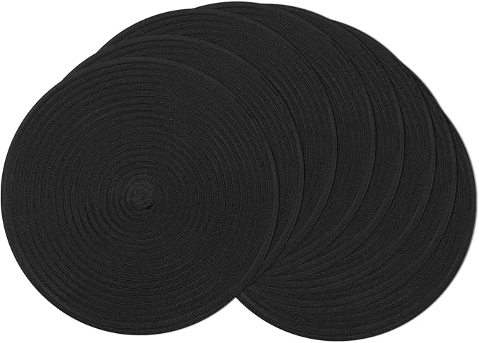 SHACOS Round Braided Placemats Set of 8 Washable Cotton Polyester Woven Round Table Mats for Dining Tables 15 inch (Black, 8) by SHACOS