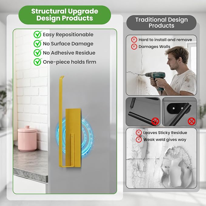 Gold Paper Towel Holder, Magnetic Paper Towel Holder for Fridge, Toilet Paper Roll Holder Magnet Towel Rack Wall Mount Fridge Organizer for Paper Towels Rolls Bathroom Pantry RV Kitchen Storage Golden - Image 4