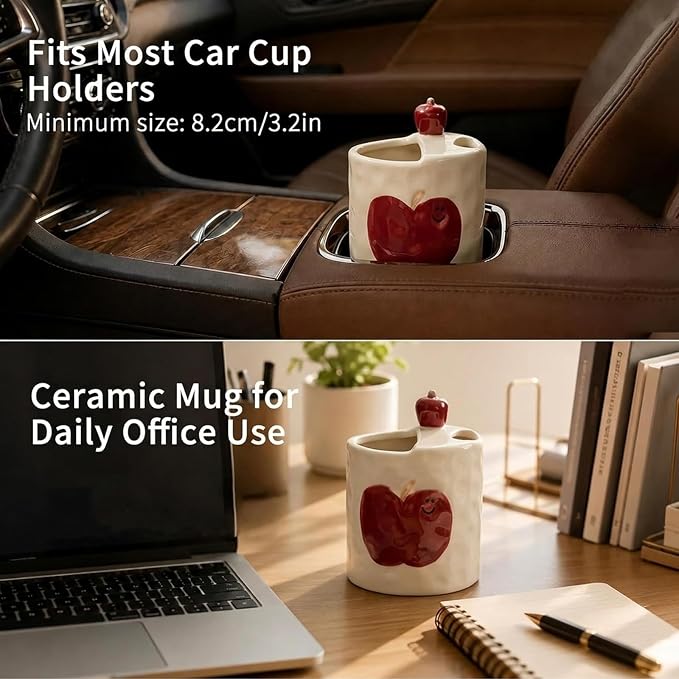 Ceramic Travel Mug with Half Lid, Apple Design Handmade Pottery Coffee Cup 12oz, Kawaii Reusable Coffee & Tea Tumbler, Microwave & Dishwasher Safe - Image 5