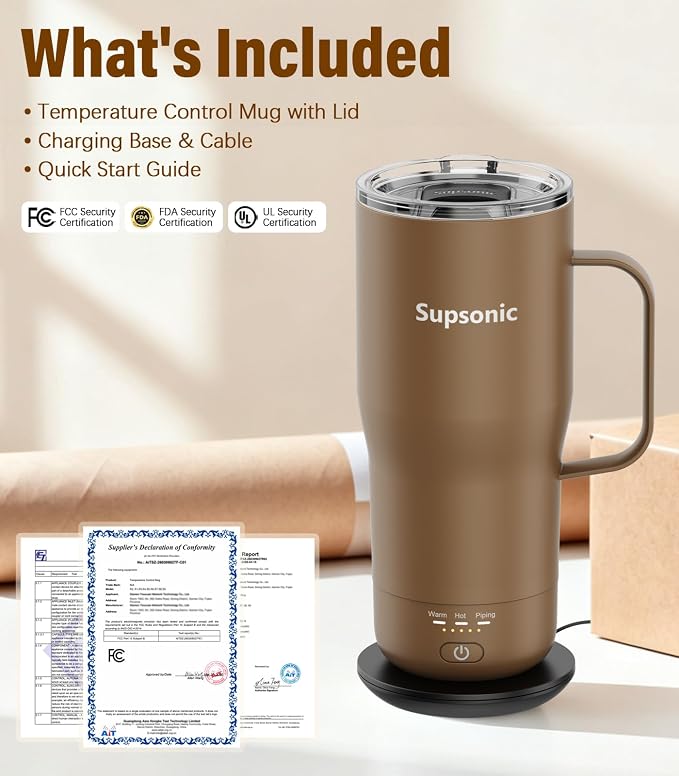 Supsonic Heated Coffee Mug Rechargeable, 20oz Long-Lasting Battery (S3) | Dry-burn protection, 2Hr auto-off, 3-Temp settings, Constant temperature, Inner stainless steel, Warm gift for men women - Image 8