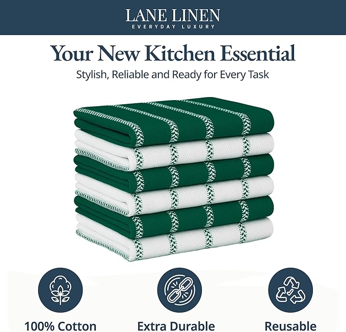 LANE LINEN Kitchen Towel Sets - 6 Pack Cotton Dish Towels for Drying Dishes, 18”x 28”, Hand Towel, Absorbent Tea Towels, Quick Drying Kitchen Towel Set - Christmas Green - Image 3