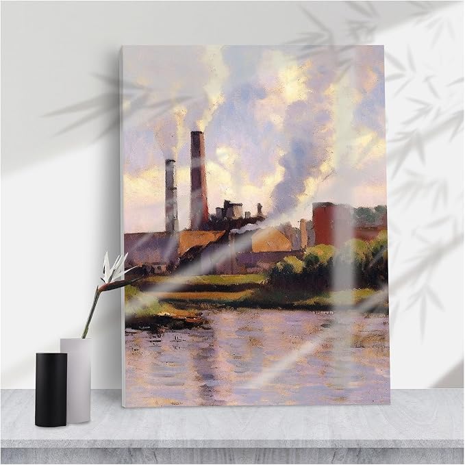 Vintage Impressionist Industrial Riverfront Wall Art,Sunlit Factory Scene Smoking Chimneys Calm Water Reflections for Eclectic Living Room,8''x12'' Framed Modern Canvas Wall Art by Unknown