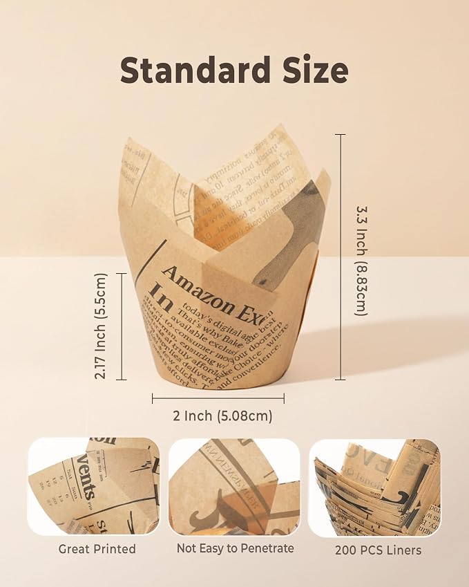 Bake Choice 200pc Standard Tulip Cupcake Liners for Baking, Newspaper Print | Tulip Muffin Liners, Non Stick, Grease Resistant Cupcake Wrappers for Party, Christmas - Image 4