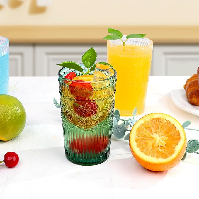 Loivttvv 6pcs Vintage Drinking Glasses Set, 12 oz Dark Green Highball Glasses, Embossed Ribbed Glassware Cups for Cocktail, Water, Juice, Coffee, Whiskey - Image 5