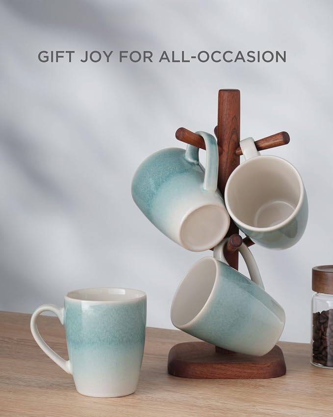 famiware Coffee Mugs Set, 13 oz Mug Set of 8, Stoneware Cups for Latte, Hot Tea, Mocha, Cocoa, Cappuccino, Microwave and Dishwasher Safe, Glacier Series, Aqua - Image 5