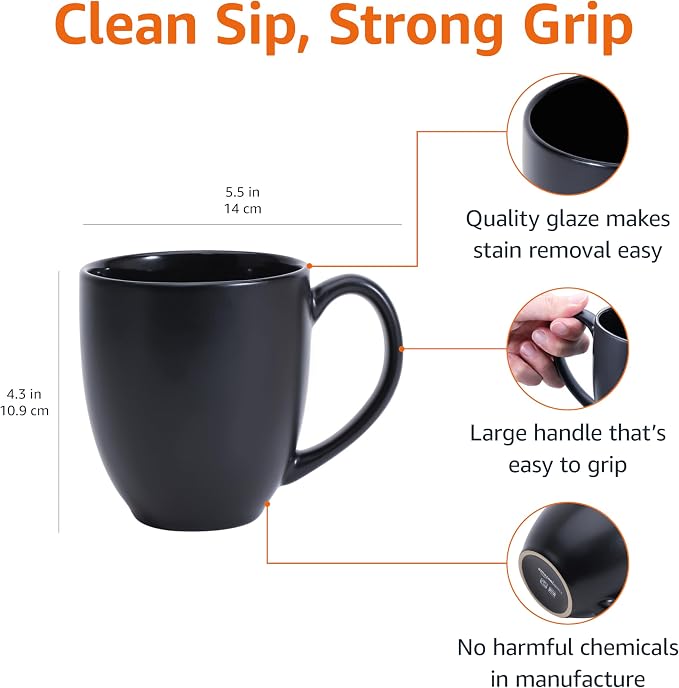 Amazon Basics 12-Pack Matte Black Ceramic Coffee Mug, 16 ounces, Microwave and Dishwasher Safe, Stoneware, Commercial-Grade - Image 3