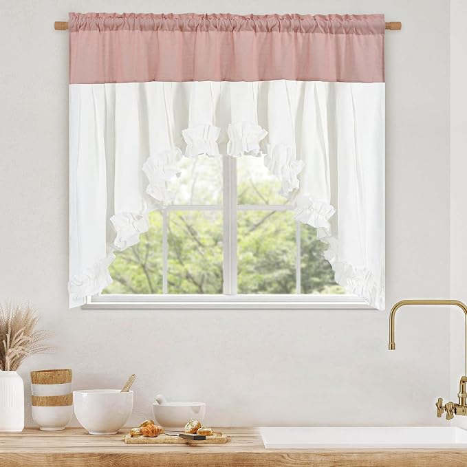 Likiyol Linen Valances for Windows Farmhouse Ruffle Swag Valance Rustic Country Window Valances Light Filtering Kitchen Curtains Rod Pocket Valance Curtains for Bathroom Cafe, Pink White, 60"W x 36"L - Image 9