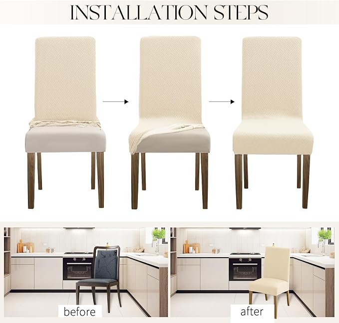 MOSAYT 100% Waterproof Dining Room Chair Covers Set of 4, Super Fit Stretch Jacquard Parson Chairs Slipcovers Removable Washable Chair Seat Protectors for Home, Kitchen, Banquet (Beige - XL) - Image 5