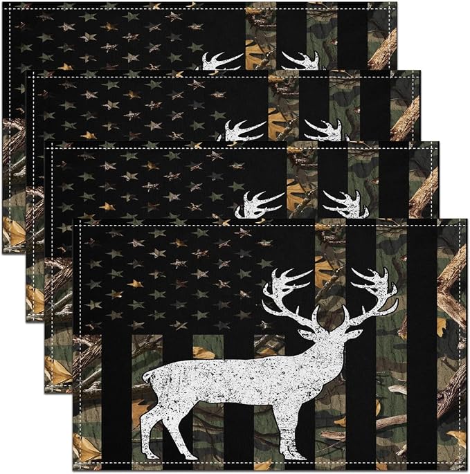 Feelyou American Flag Placemats Set of 4 18"x12" Cute Deer Table Place Mats Decor Deer Hunting Placemat for Kitchen Dining Table Farmhouse Striped Boho Indoor Outdoor Decor Table Mats Wild Animal by Feelyou