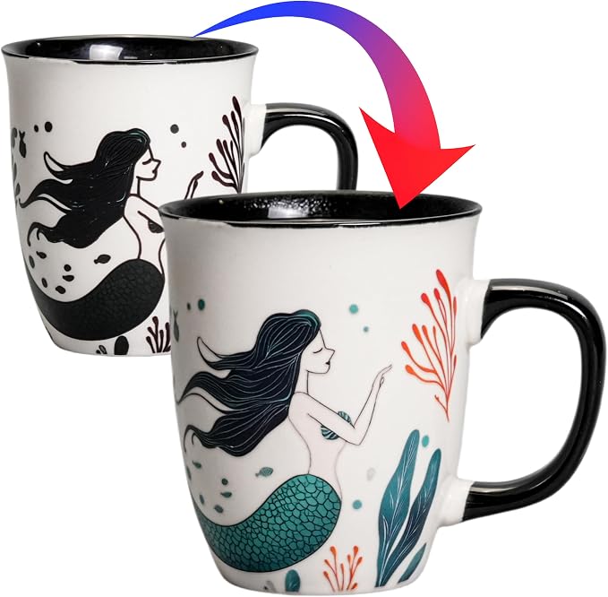 Mermaid Color Changing Coffee Mug 16oz | Ceramic Heat Sensitive Cup for Home & Office, Funny Christmas Birthday Gifts for Mermaid Lovers Men Women by Asmwo