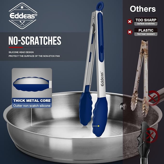 Tongs For Cooking - Kitchen Tong with Silicone Tip 7", 9", 12" Blue | 600°F Heat Resistant Silicone Tong, All Metal handle Locking Tongs with Silicone Tips, Heavy Duty Stainless steel - Image 3