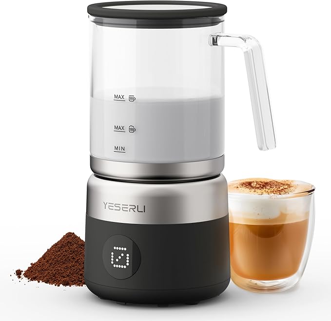 5-in-1 Split Glasscup Milk Frother, 14oz One-Touch Foam Maker & Stermer for Latte/Cappuccino/Hot Chocolate, 600W Automatic Milk Warmer & Cold Froth, Detachable Dishwasher-Safe Glasscup