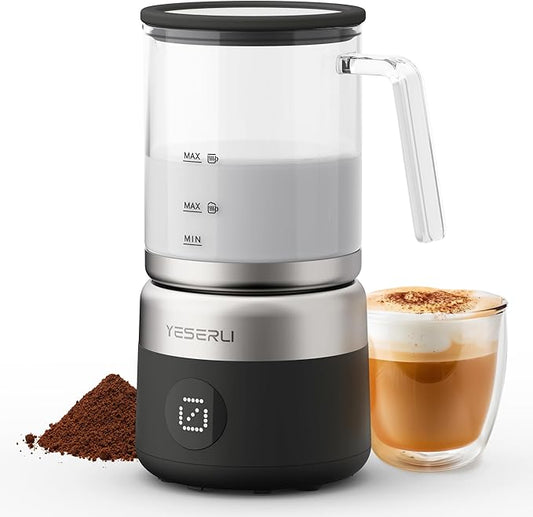 5-in-1 Split Glasscup Milk Frother, 14oz One-Touch Foam Maker & Stermer for Latte/Cappuccino/Hot Chocolate, 600W Automatic Milk Warmer & Cold Froth, Detachable Dishwasher-Safe Glasscup