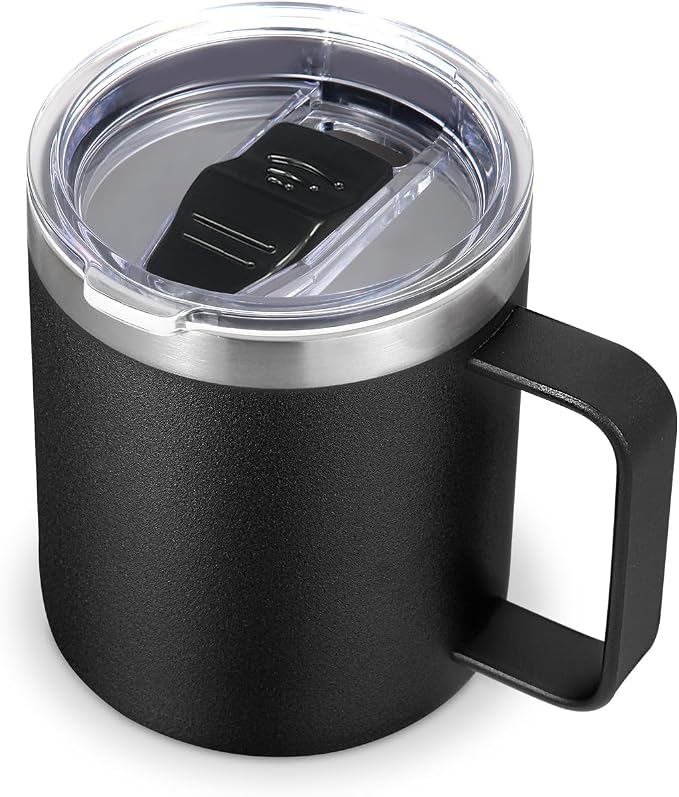 Volhoply 14oz Insulated Stainless Steel Coffee Mug with Leakproof Lid,Double Wall Vacuum Travel Coffee Cup with Handle,Reusable Metal Cups Tumbler,Camping Mugs Keep Hot/Cold,Gifts(Black,1) by LiveFully%EF%BC%8CDrinkFreely%E2%80%94KeepGoingwithVolhoply%EF%BC%81