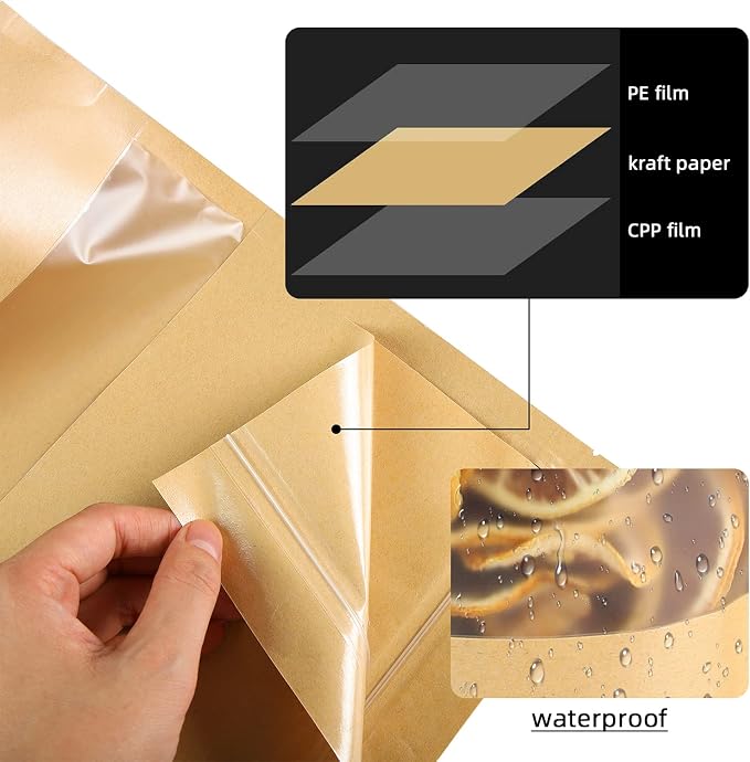 100 Pcs Kraft Stand Up Pouches 7.1 x 10.2 Inch Resealable Food Storage Bags with Matte Window for Packaging - Image 5