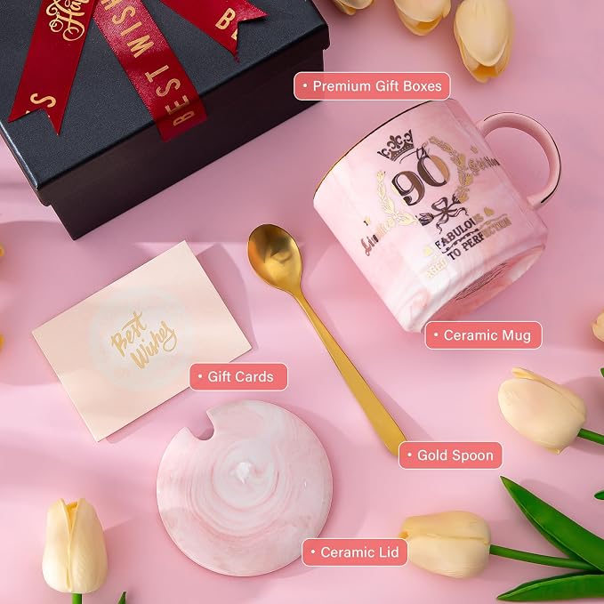 Biching 90th Birthday Gifts for Women - Aged to Perfection Coffee Mug | Unique 1936 Birthday Present for Grandma Mom Wife Friend Sister, 14oz Ceramic Coffee Mug Printed Gold with Lid Spoon Card Box - Image 4