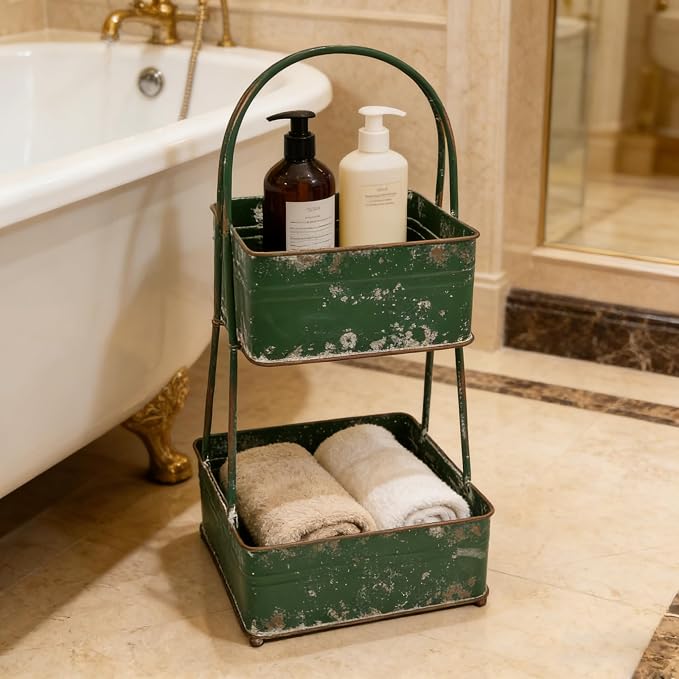 Vintage Metal Storage Basket 2-Tier 25.98" H Farmhouse Distressed Kitchen Counter Organizers Rustic Double-Layer Organizing Bin for Kitchen Pantry (Green) - Image 9