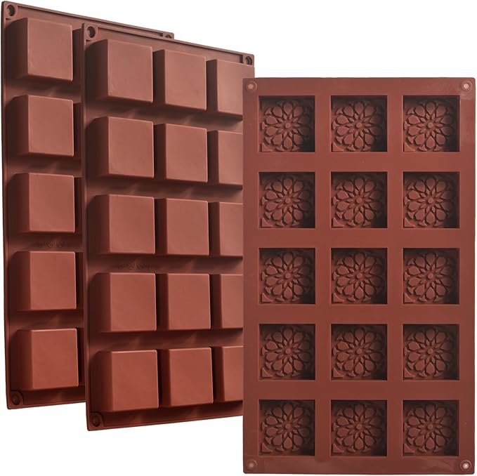15 Cavities Square Silicone Molds, Non-Stick, Food Grade, Flexible, and Durable Molds for Baking, Soap Making, Candy, Dessert, Ice Cube and Crafts, Pack of 3