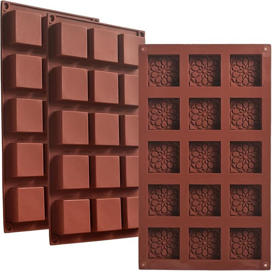 15 Cavities Square Silicone Molds, Non-Stick, Food Grade, Flexible, and Durable Molds for Baking, Soap Making, Candy, Dessert, Ice Cube and Crafts, Pack of 3