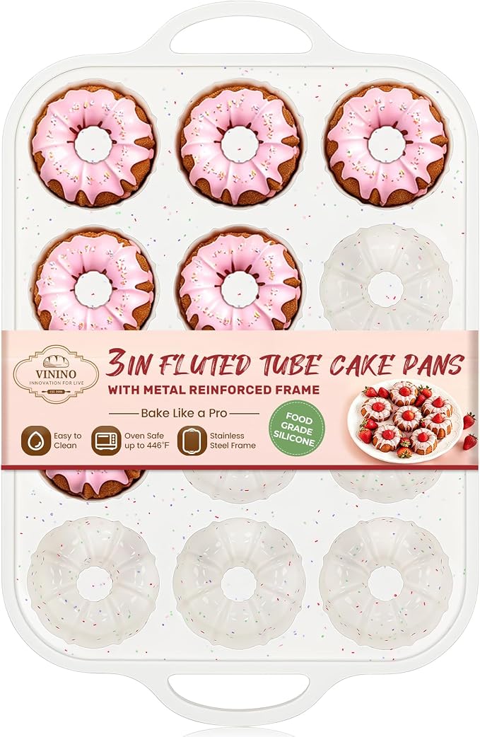 Vinino 3 Inch Silicone Mini Fluted Tube Cake Pan with Metal Frame | 12-Cavity Mini Flan Mold for Donuts, Muffins, Brownies & Jellies, Nonstick Design with Easy Release and Cleanup by VININO