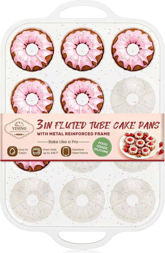 Vinino 3 Inch Silicone Mini Fluted Tube Cake Pan with Metal Frame | 12-Cavity Mini Flan Mold for Donuts, Muffins, Brownies & Jellies, Nonstick Design with Easy Release and Cleanup by VININO