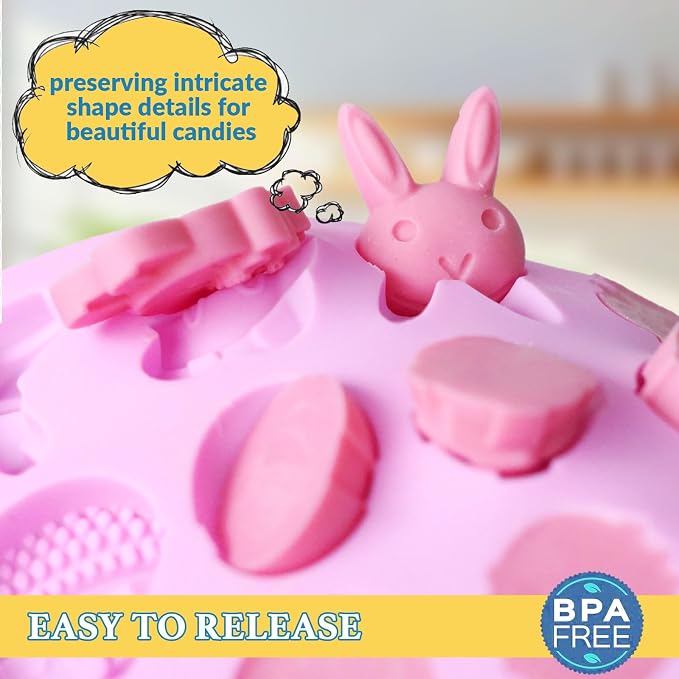 HKNMTT Easter Silicone Candy Mold 2-PACK 9 Shaped Egg Rabbit 72 Cavities Chocolate Mould Wax Melt Tray for Gummies Cupcake Decor Kids Holiday Gift Fudge Making Set - Image 2
