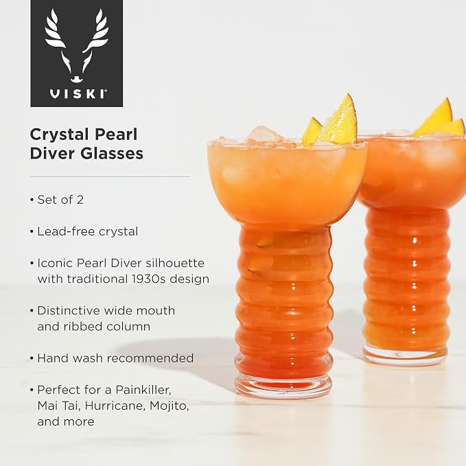 Viski Pacific Crystal Pearl Diver Tropical Tiki Tumbler Set of 2 - Premium Crystal Clear Glass, Stylish Tiki Glasses for Cocktails Gift Set, 12 oz - Image 2