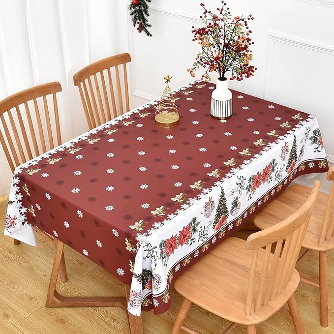 Christmas Table Cloth Rectangle Heavy Duty Vinyl Red Christmas Tablecloth Plastic Reusable Santa Tablecloth Wpieable Waterproof PVC Xmas Table Cover for Dining Party New Year(Red, 54"x72") - Image 2