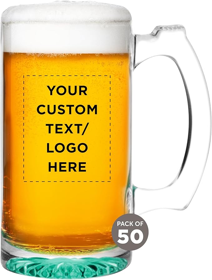 50 Libbey Beer Mugs Set, 12 oz. - Customizable Text, Logo - Groomsmen Glassware - Green