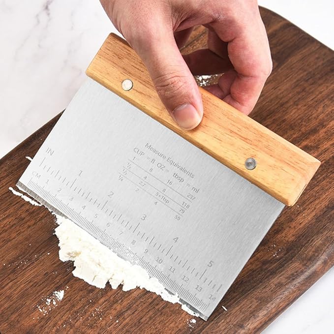 Cabilock 2pcs Stainless Steel and Wood Dough Cutter Tool with Comfortable Handle and Measuring Scale, Multipurpose Dough Scraper for Baking, Cake, and Pizza Preparation - Image 7