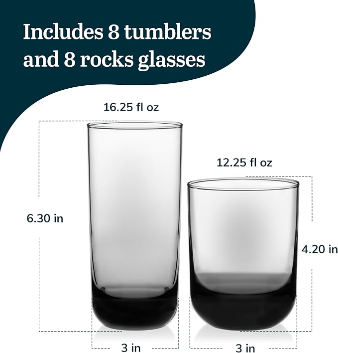 Libbey Polaris Tumbler and Rocks Glass Cups Set, Smoke Hue Mixed Drink Glasses with Straight Lines, Lead-Free, Drinkware Set of 16 for all Beverages - Image 3