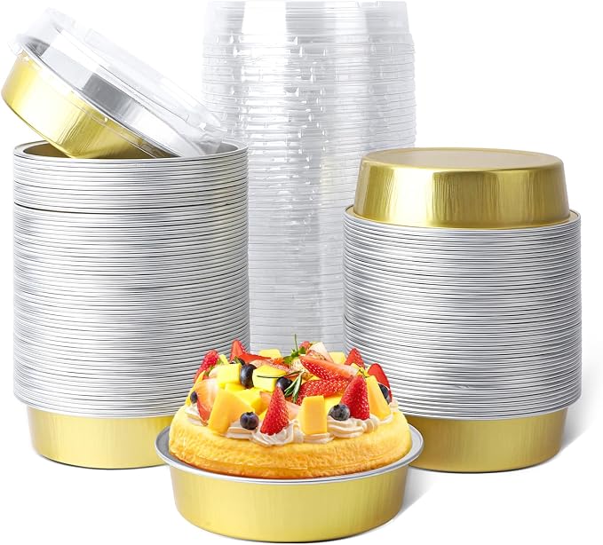 Beasea Mini Pie Tins with Lids, 120 Pack 4 Inch 8oz Disposable Creme Brulee Ramekins Golden Mini Small Aluminum Foil Pie Tart Cake Baking Pans Individual Round Containers Oven Safe for Baking by Beasea