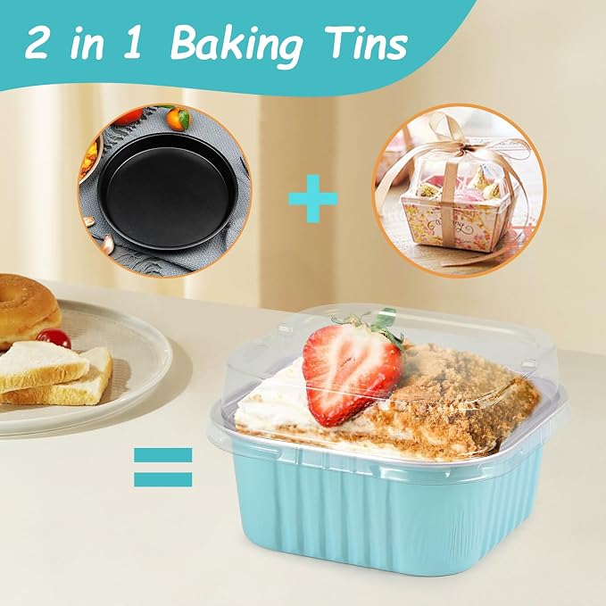 Mini Square Baking Cups with Lids, 50 Pcs 5oz Blue Aluminum Foil Cupcake Tins with Lids, Disposable Ramekins Flan Cake Pans Tins for Souffle, Dessert, Valentine, Wedding, Party Small Cake Containers - Image 3