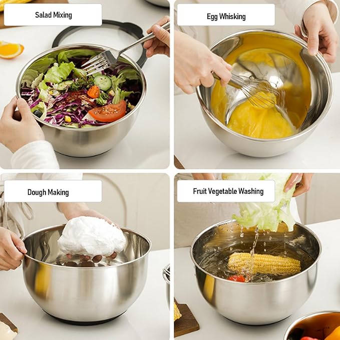 Asixxsix 3PCS Mixing Bowls with Lids Set and 3PCS Graters, Stainless Steel Nesting Bowls, Easy to Use Nesting Salad Bowl for Food Baking, Mixing, Serving, Storing