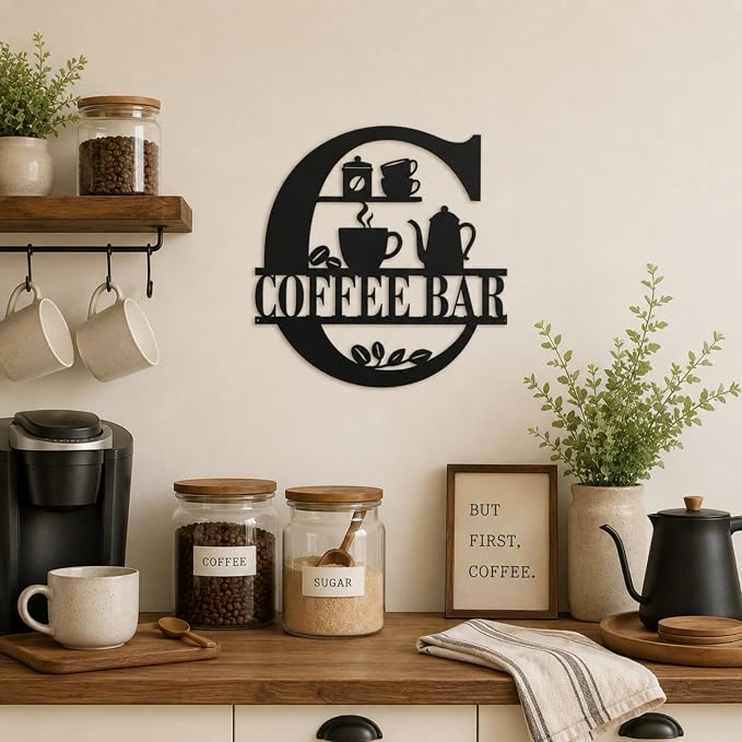 Coffee Bar Metal Wall Decor, Farmhouse Kitchen Sign, 14 Inch | Matte black metal COFFEE BAR sign with pre-drilled holes for kitchens, coffee stations, cafés, and farmhouse wall decor. - Image 2