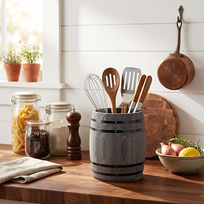 MyGift Wine Barrel Design Kitchen Utensil Crock, Vintage Gray Solid Wood Cooking Tool Holder | Add rustic charm to your kitchen with a solid wood utensil crock featuring a wine barrel-inspired design for cooking tools - Image 3