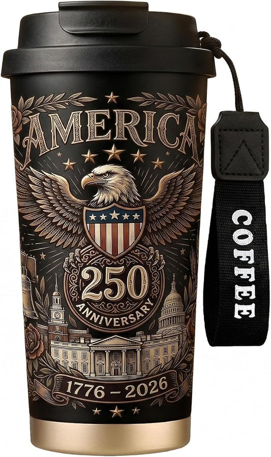 250th Anniversary Coffee Mug, 18 oz Insulated Mug, 250 Years America Garden Flag, Vintage Patriotic Design with 1776-2026 Dates, Military Anniversaries, Retirement & Holiday Commemorative Gift, Black by Unknown