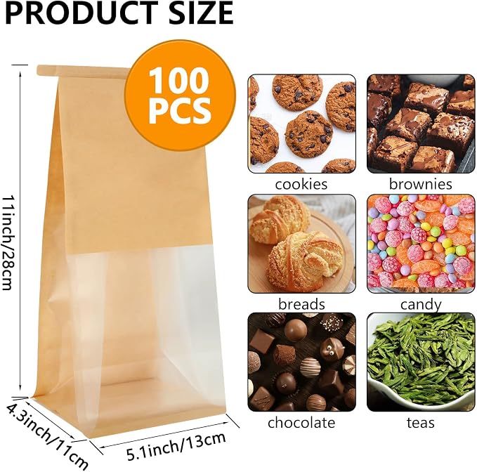 QTLCOHD 100 Pcs Cookie Packaging Bags 5.1×4.3×11 Inch Window Design | Brown Tin Tie Tab Lock Paper Bread & Bakery Bags for Homemade Pastry Loaf Snack Treat Packaging - Image 2