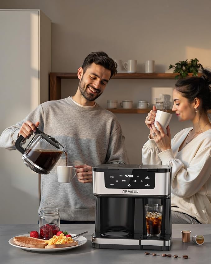 AIRMSEN 12-Cup Programmable Dual Coffee Maker – Single Serve Machine for K-Cup Pods & Ground, 1000W Fast Brew, Delay Start, 2H Keep Warm, Touchscreen, 60oz Tank, Glass Carafe – Home & Office - Image 8