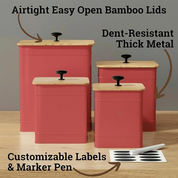 Kitchen Canisters for Countertop Set of 4 w/ Chalkboard Labels & Marker Pen | Airtight Easy Open Bamboo Lids, Dent-Resistant Thick Metal, Customizable Chalkboard Labels, Marker Pen Included, Set of 4 - Image 2