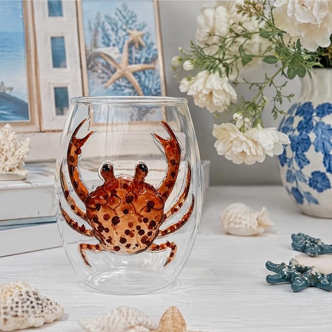 Handmade Blue Glass Stemless Wine Cup 3D Ocean Animal Bar(White Style 2) | 3D Sculpted Handmade Blue Ring Stemless Wine Glass Ocean Cup Handblown Glassware Ocean Lover Gift - Image 3