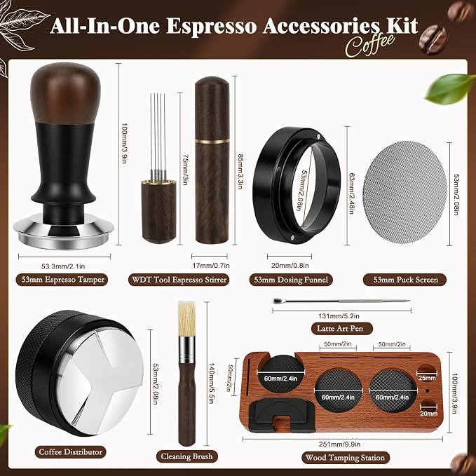 8 PCS Espresso Accessories Kit, 53.3mm Espresso Tamper Kit Coffee Tamper Set with Coffee Distributor, Espresso Tamping Station, Espresso WDT Stirrer,Dosing Funnel, Fits Breville 54 mm Portafilter - Image 3