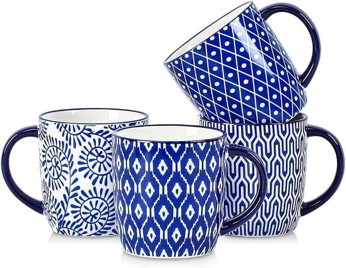 Selamica 10 OZ Coffee Mugs Set of 4, Small Coffee Cups Ceramic with Handle for Cappuccino Latte Cocoa Milk, Dishwasher Microwave Safe,Vintage Blue by Selamica