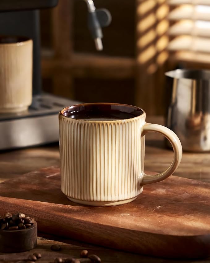 famiware Coffee Mug Set for 4, Star 12 oz Catering Mugs Cup Set with Handle for Coffee, Tea, Cocoa, Milk - Ceramic Stoneware Drinkware Set, Cream Cocoa - Image 4