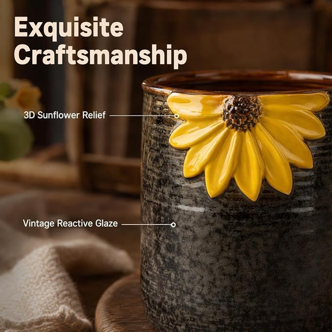 Ceramic Utensil Holder Sunflower Kitchen Utensil Crock Flower Vase Decor | Reactive glaze ceramic utensil holder countertop farmhouse with 3D yellow sunflower relief, cork base, ribbed anti-slip grip. - Image 4