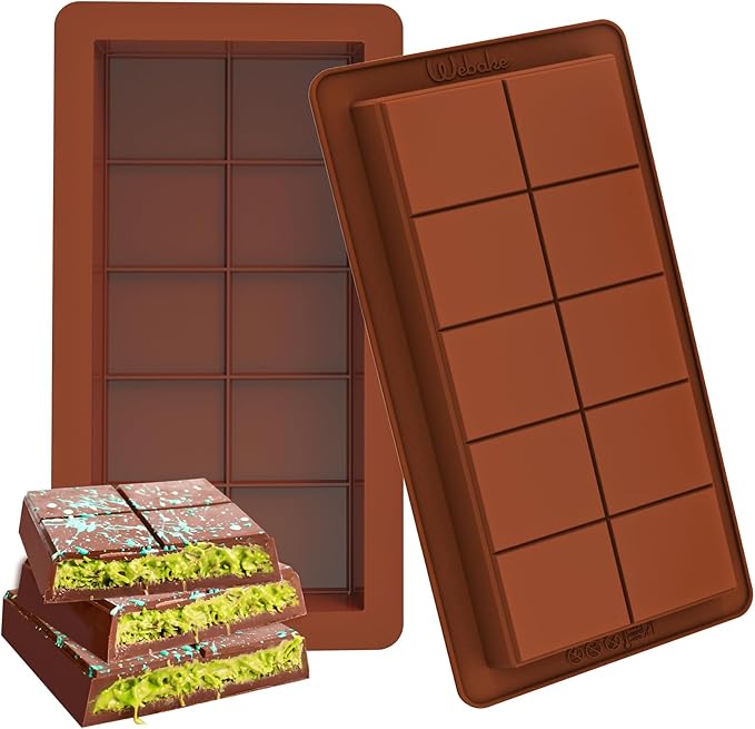 Webake The Original Deep Chocolate Bar Molds 2 Pack, 1 Inch Deep Large and Thick Silicone Chocolate Bar Molds for Stuffed Bar, Big Chocolate Candy Bar Mold for Filling Knafeh Pistachio Chocolate Bar
